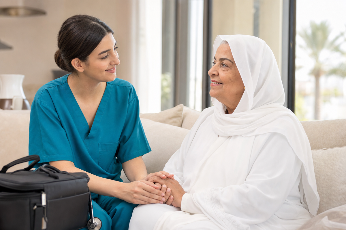 Licensed female home nurse caring for elderly woman in hijab at home in Ajman UAE — Kayan Home Healthcare