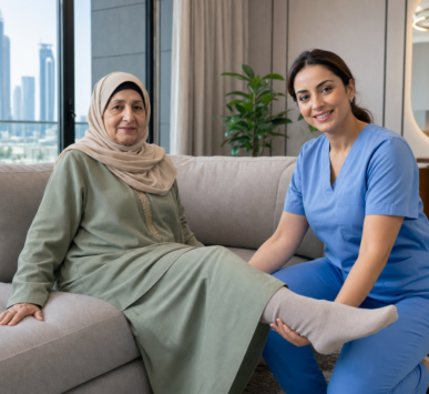 Female physiotherapist helping elderly Muslim woman in hijab at home in UAE — Kayan Home Healthcare