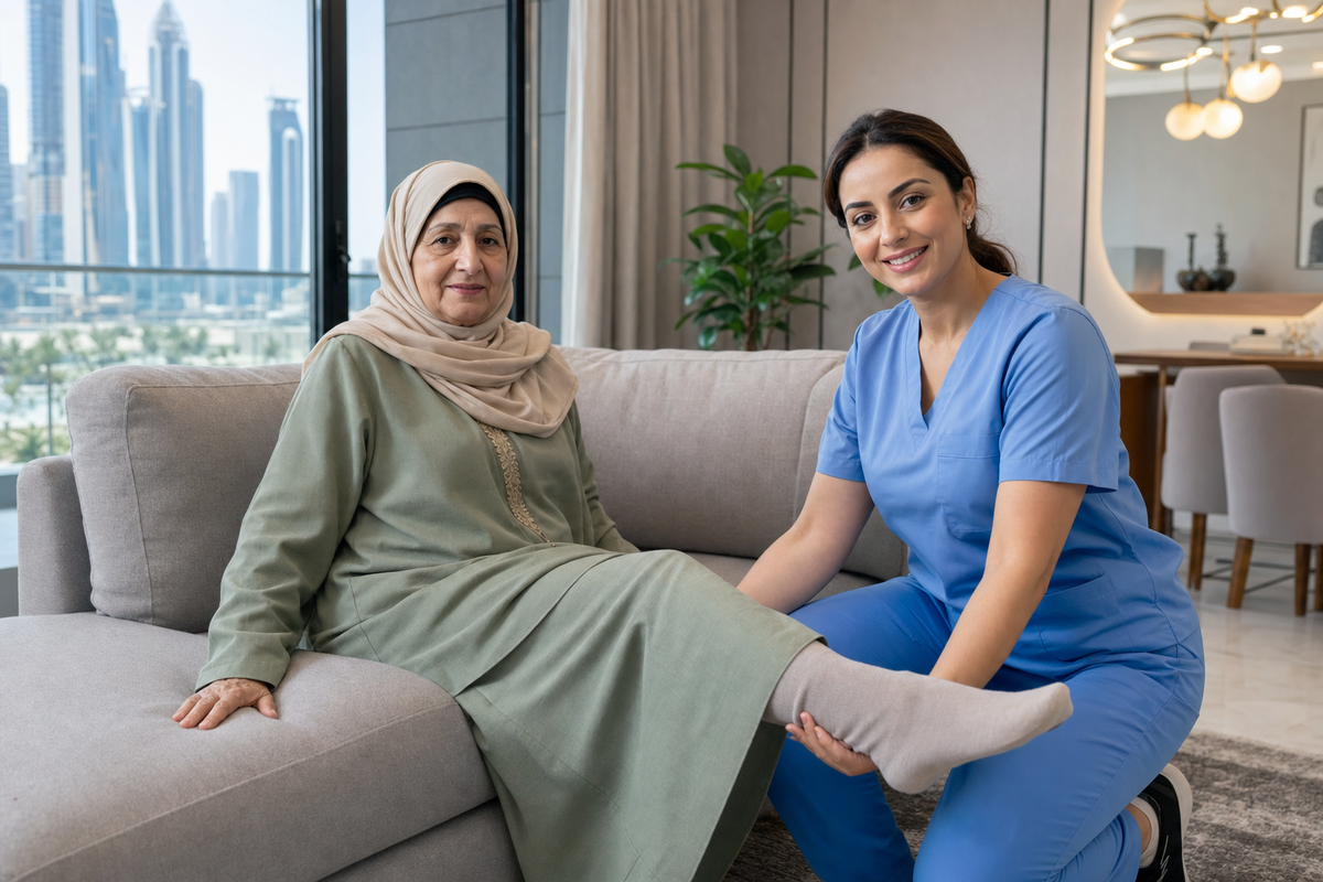 Female physiotherapist helping elderly Muslim woman in hijab at home in UAE — Kayan Home Healthcare